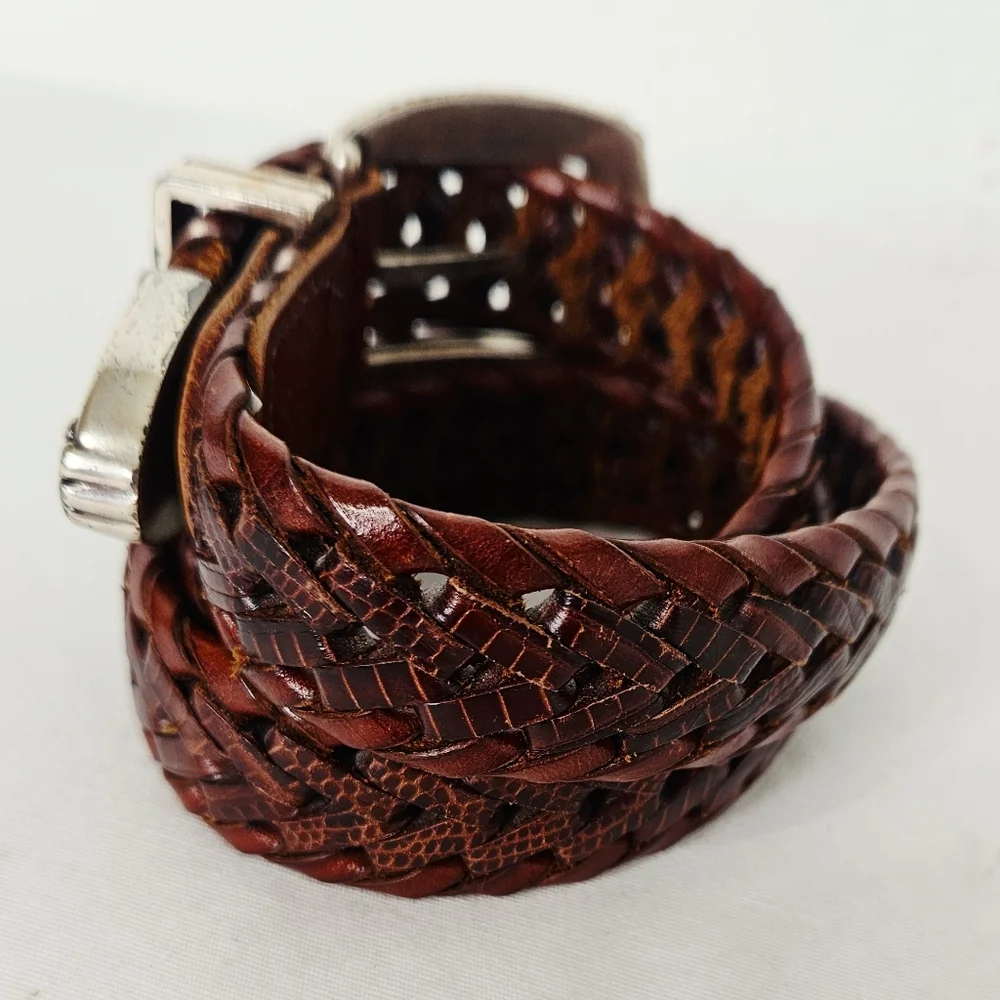 Fossil Brown Braided Leather Western Belt Silver Buckle Small
